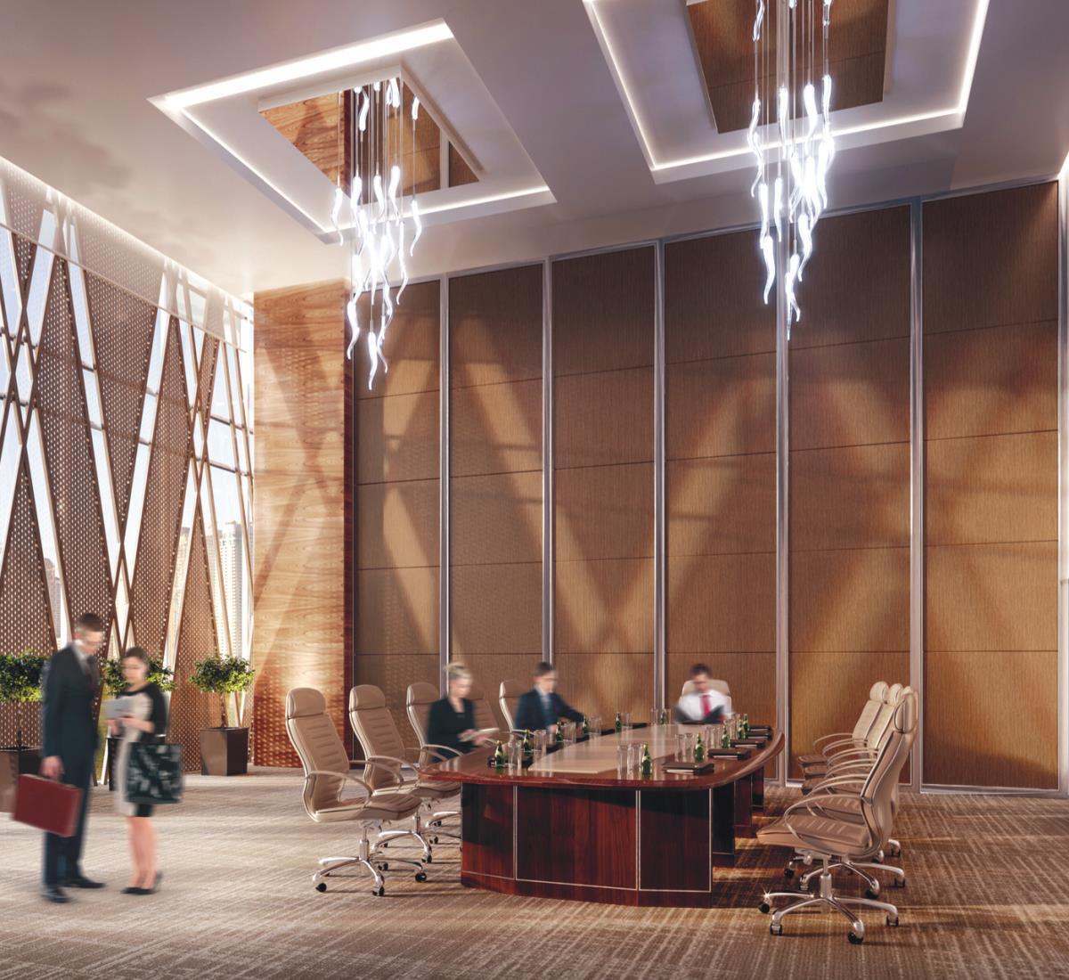 Grand Cosmopolitan Hotel Dubai Luaran gambar The image depicts a modern conference room with a large, polished wooden table surrounded by several ergonomic chairs. The room features a sleek and stylish design, with floor-to-ceiling windows letting in natural light and showcasing a contemporary 